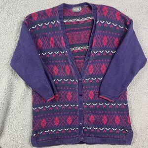 Vintage Paris Sports Club Sweater Purple & Pink‎ Argyle Cardigan Women's L